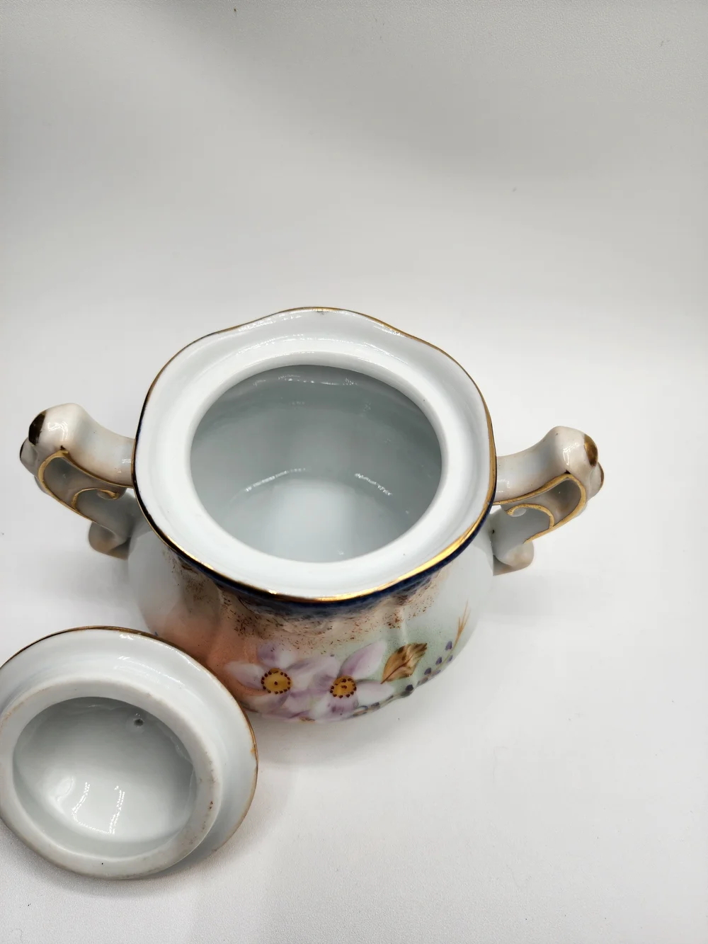 Vintage Porcelain Floral Sugar Bowl with Gold Accents Garden Scene English Tea